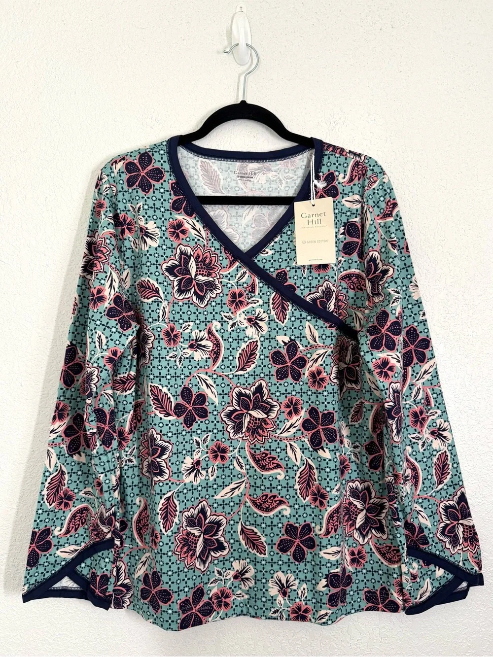 Garnet Hill Asian Wrap Organic Cotton Pajamas Long Set Blue Floral Large NEW - Picture 6 of 8